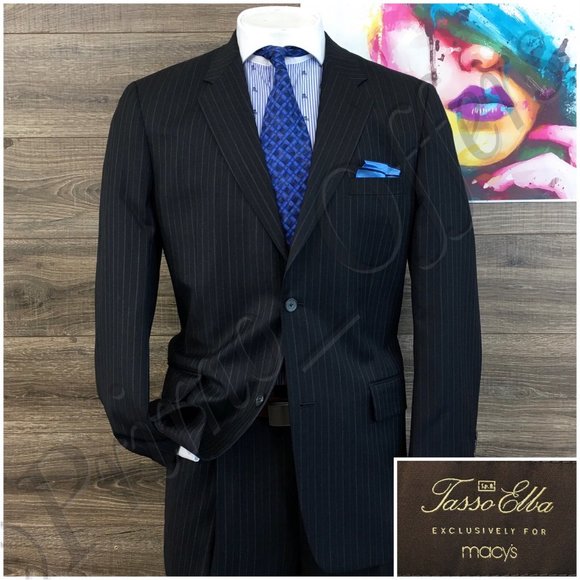 Tasso Elba Mens Suit 2 Piece Set Size 42L Jacket Blazer Pants Wool‎ 2 Button - Picture 1 of 16